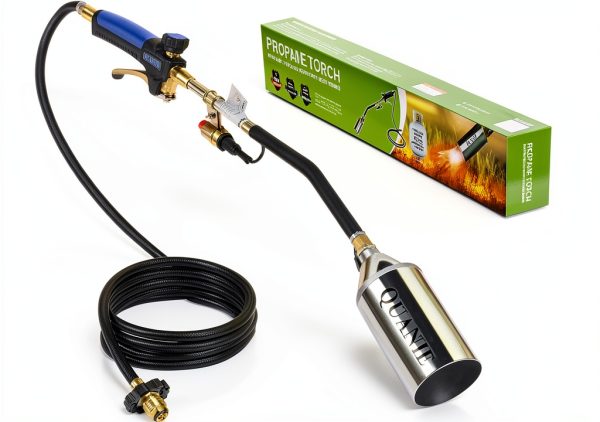 Propane Torch Burner Weed Torch High Output with 10FT Hose,Heavy Duty Blow Torch with Flame Control and Turbo Trigger Push Button Igniter,Flamethrower for Garden Wood Ice Snow Road (Blue)-0